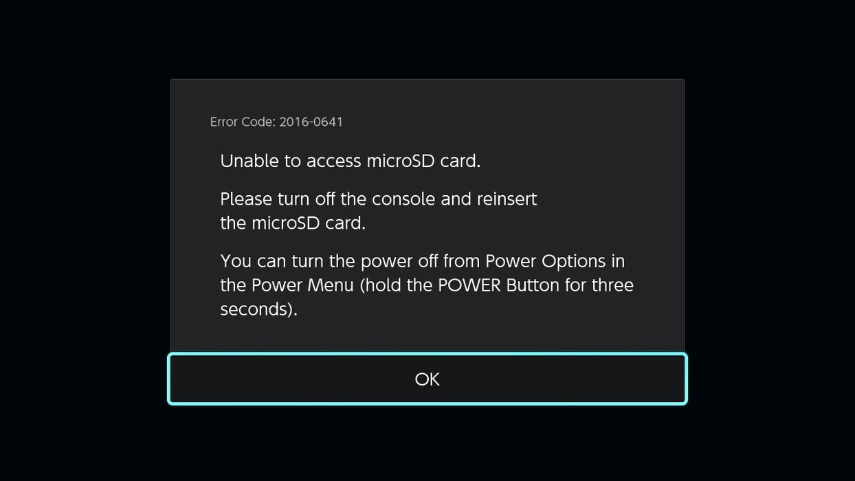 Error Code: 2016-0641 Corruped MicroSD Card Message on Nintendo Switch