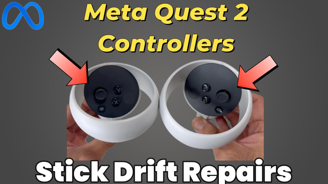 Professional technician repairing Meta Quest 2 controller thumbstick drift, using precision tools to replace the internal potentiometer module on a disassembled VR controller.