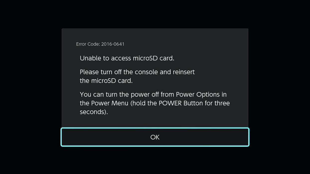 Error Code: 2016-0641 Corruped MicroSD Card Message on Nintendo Switch