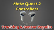 Technician repairing a Meta Quest 2 controller tracking ring, using specialized tools to fix damaged infrared sensors while diagnostic equipment tests LED functionality in the VR controller
