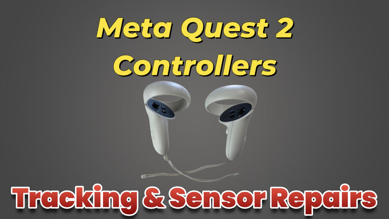 Technician repairing a Meta Quest 2 controller tracking ring, using specialized tools to fix damaged infrared sensors while diagnostic equipment tests LED functionality in the VR controller